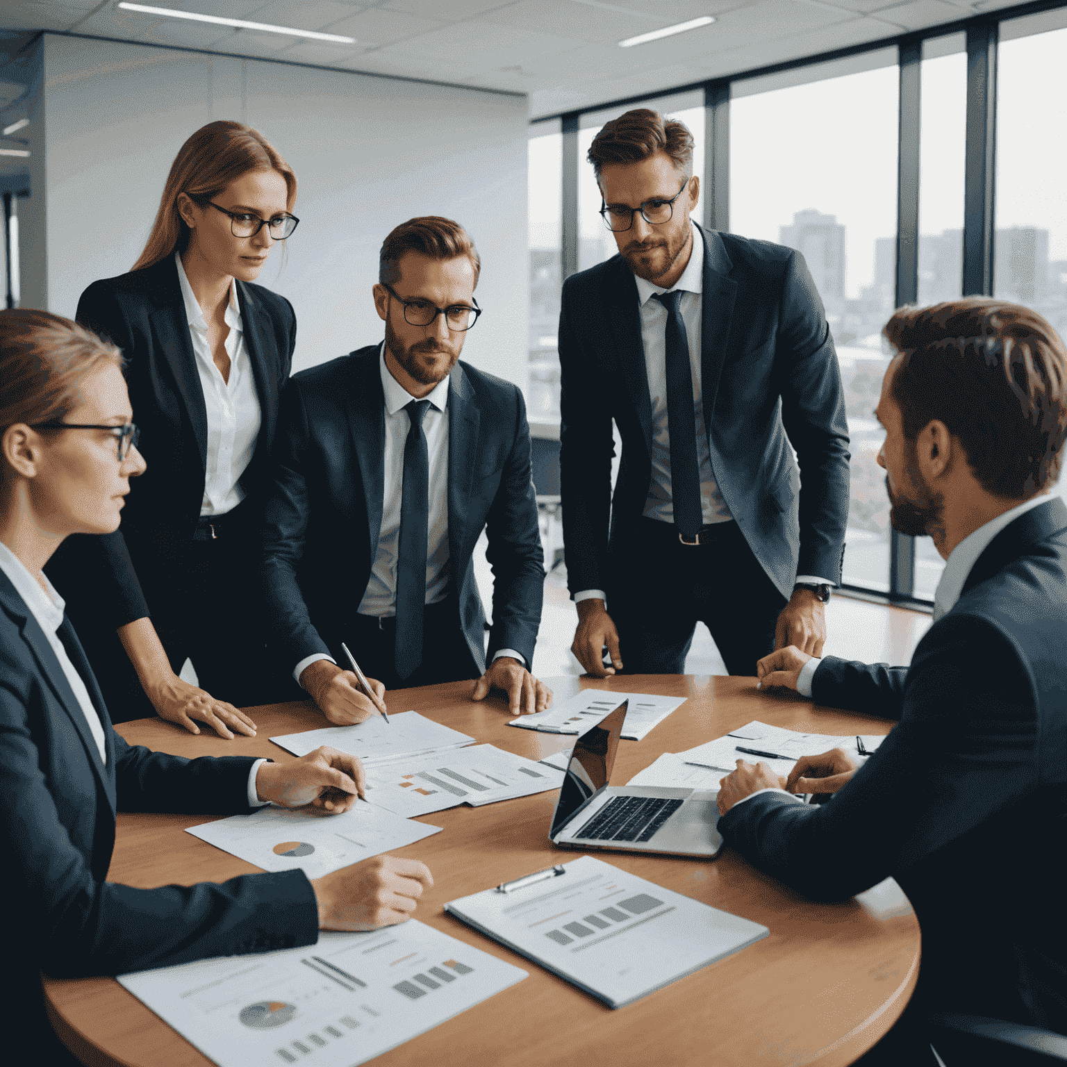 A group of professional consultants discussing financial strategies in a modern office setting