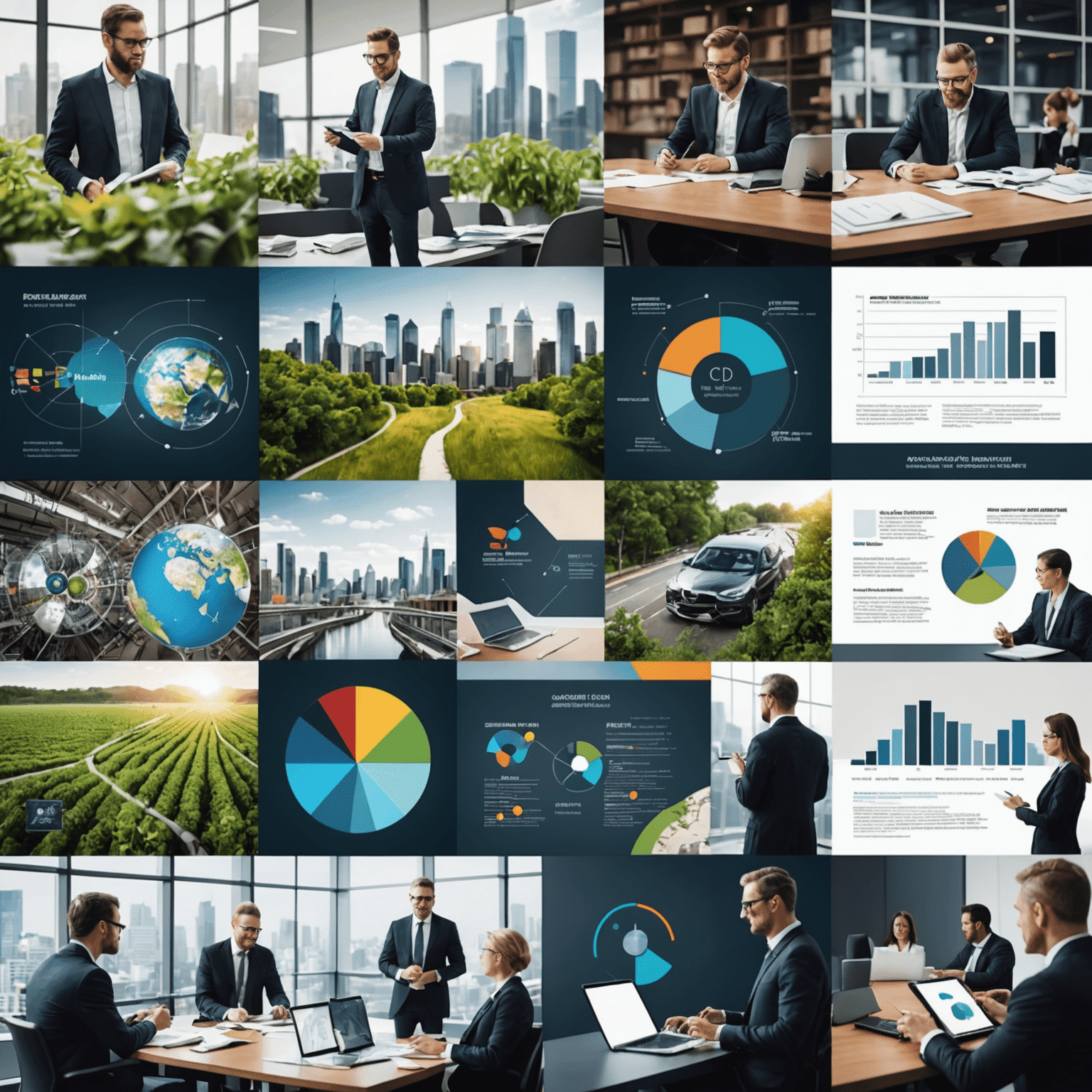 Collage of images representing the latest trends in strategic management, including data analytics, agile methodologies, and sustainability