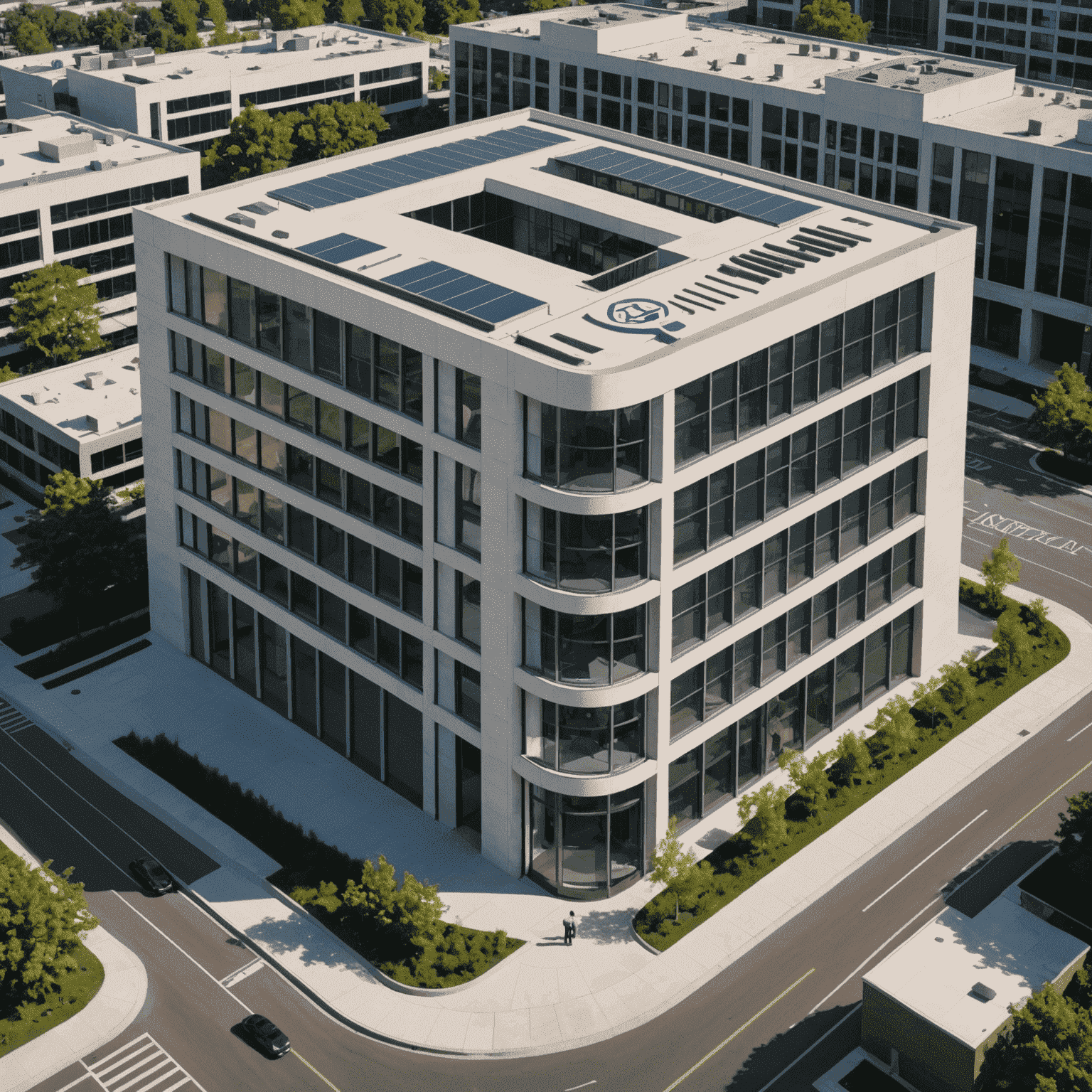 Aerial view of Company A's modern office building with their logo prominently displayed