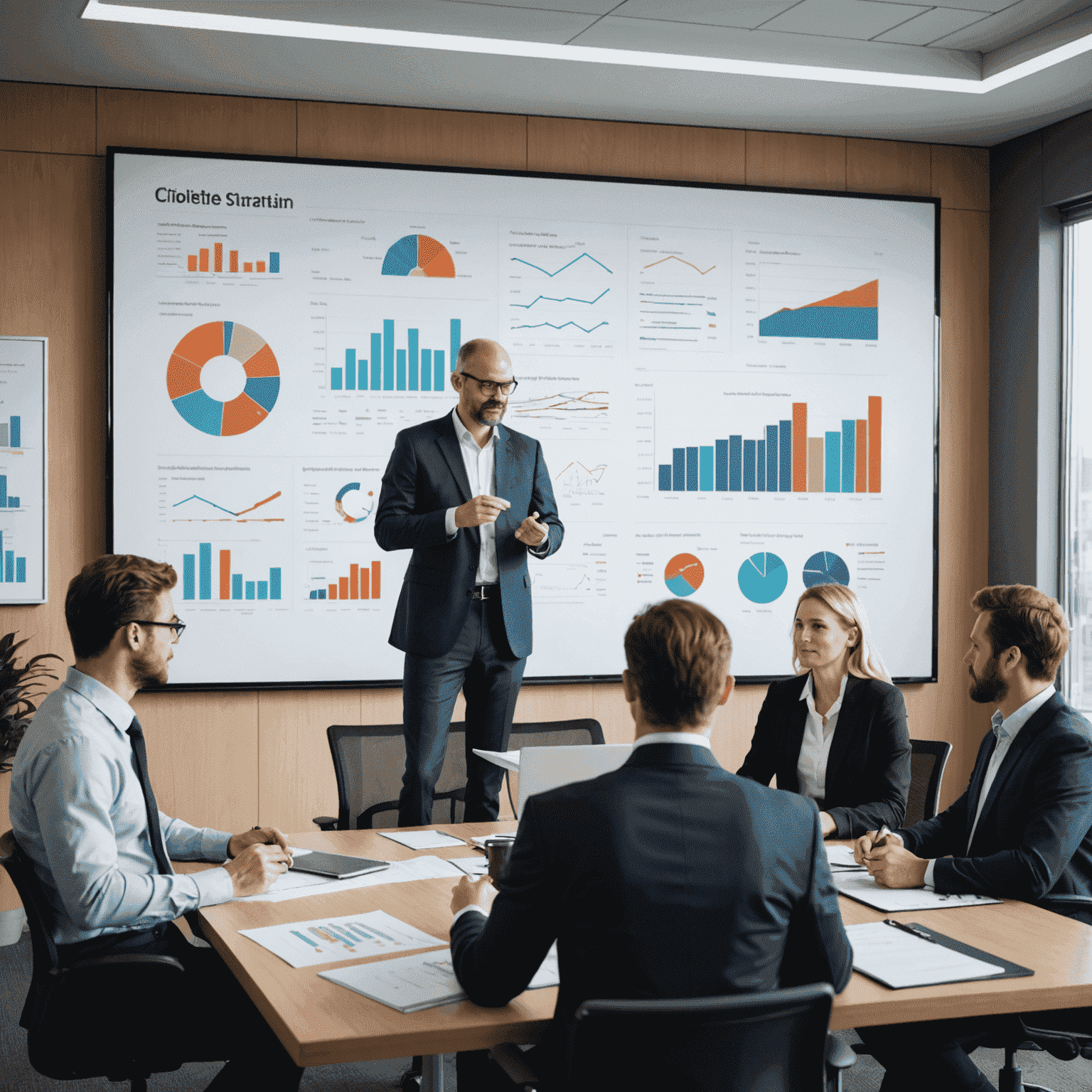 A team of business professionals collaborating on a strategic plan, with charts and graphs displayed on a large screen in a modern conference room.