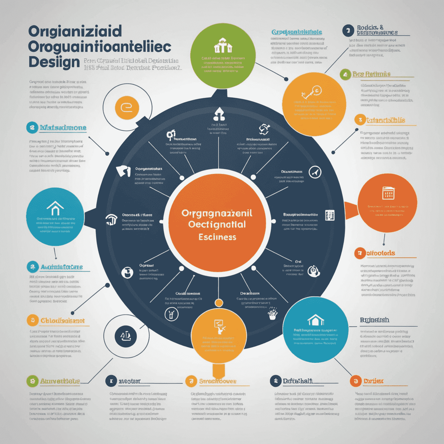 Infographic illustrating the key components of effective organizational design, including clear roles and responsibilities, streamlined processes, and alignment with business strategies.