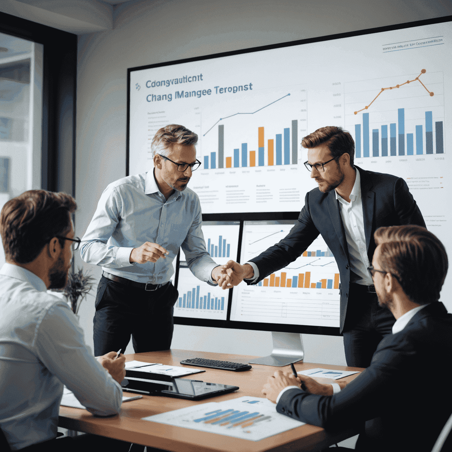 A team of consultants working together on a change management project, discussing strategies and plans while looking at charts and graphs on a large screen.