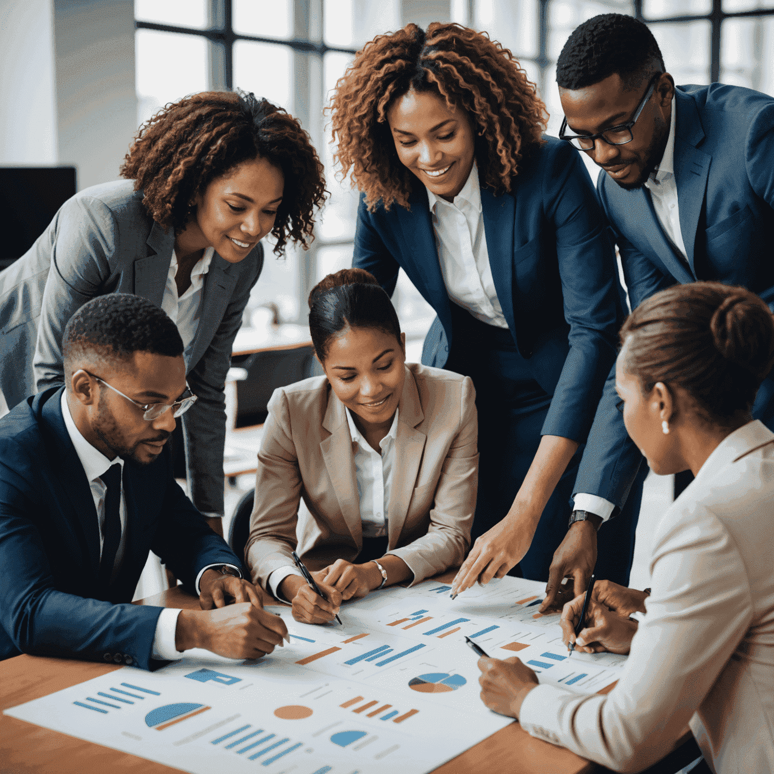 A group of diverse business professionals engaged in a leadership development workshop, collaborating on a strategic planning exercise. The image conveys a sense of teamwork, growth, and empowerment.