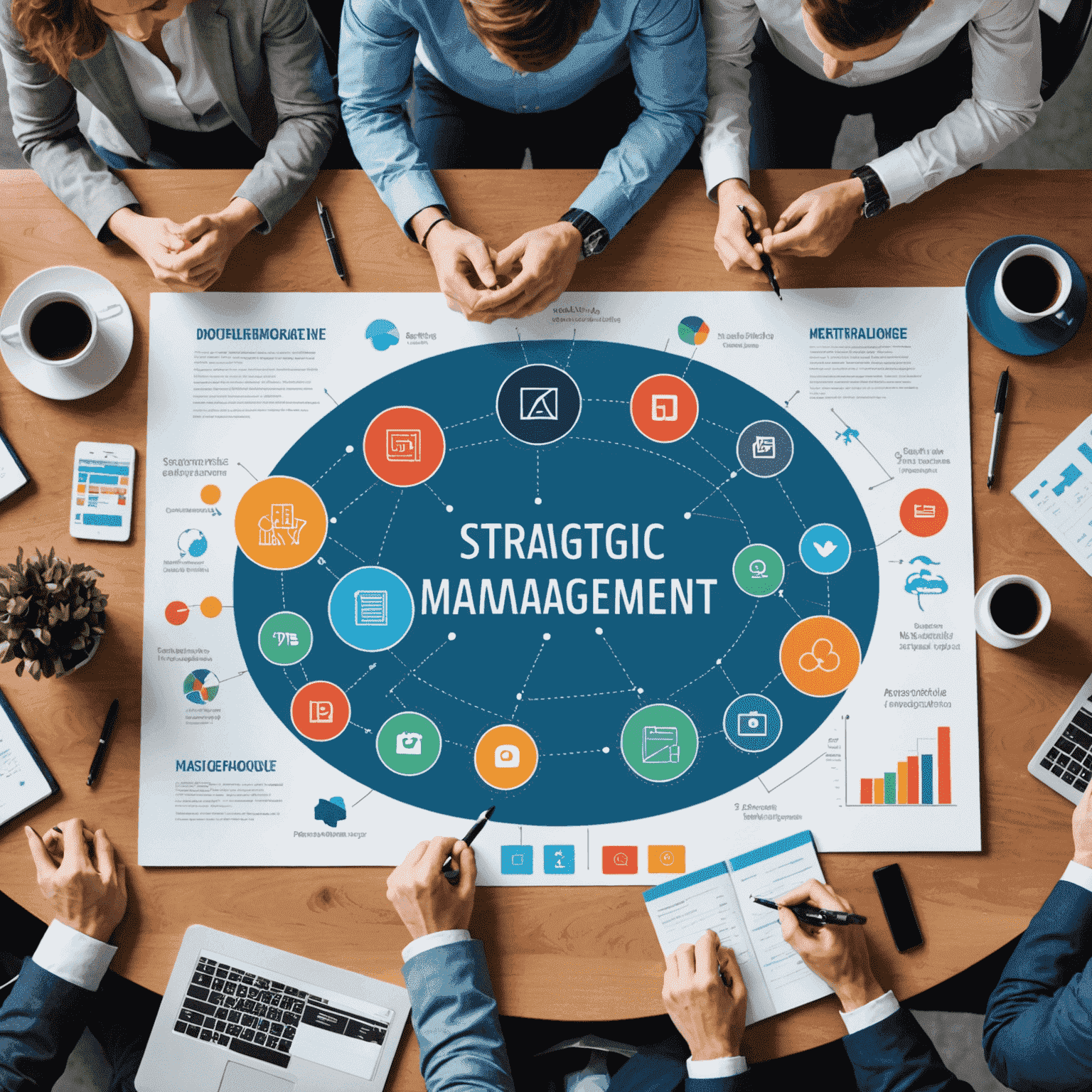 Image illustrating the latest trends in strategic management, such as data-driven decision making, agile methodologies, and digital transformation