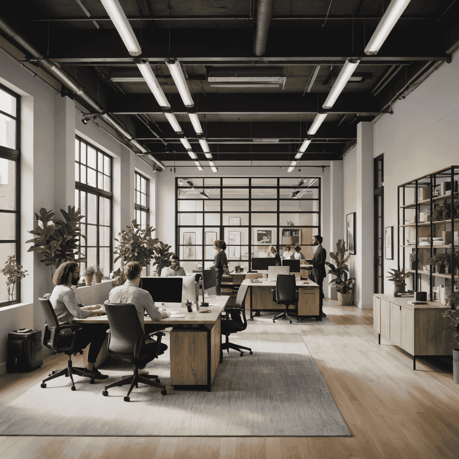 Company B's team collaborating in a modern, open-concept office space