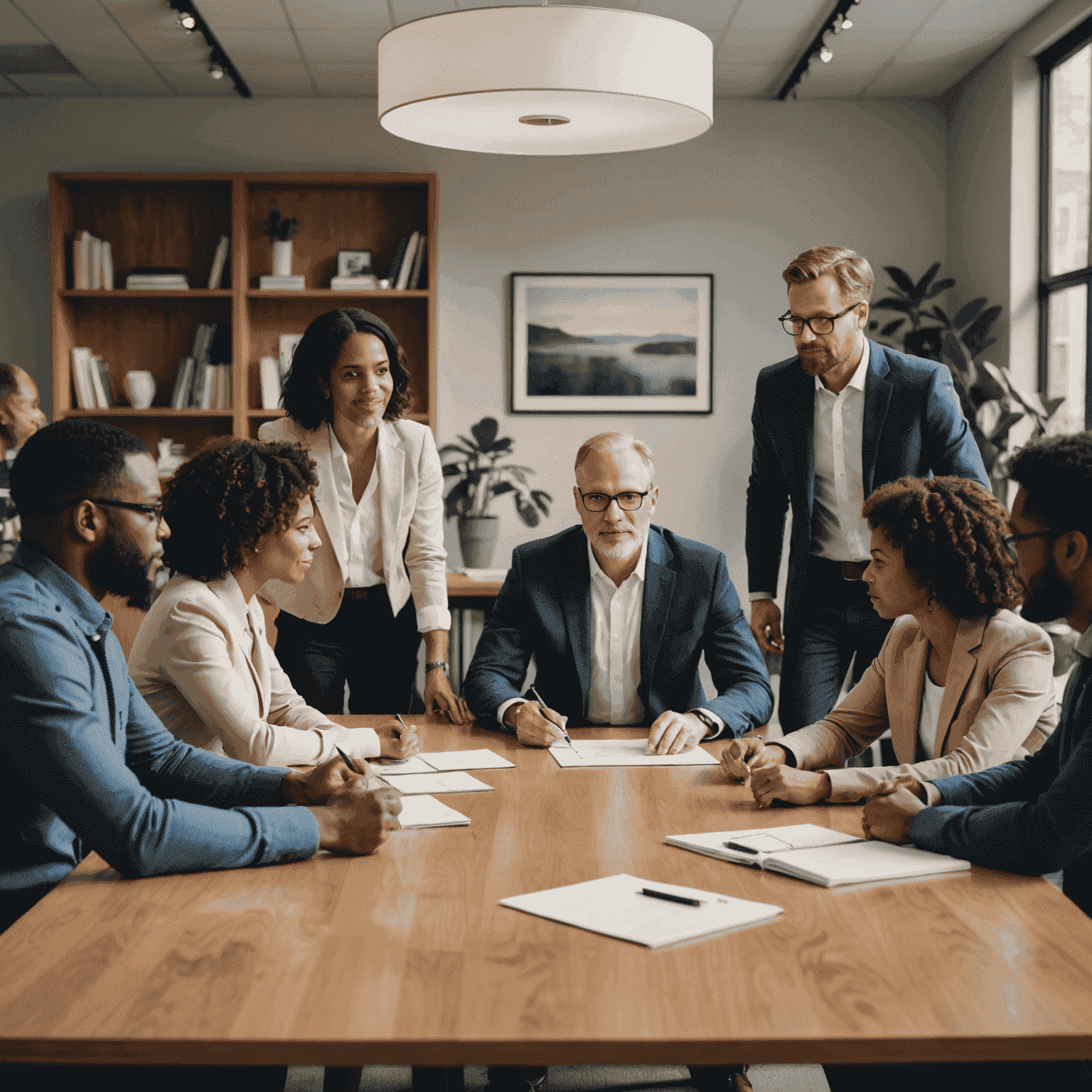 Company C's diverse team gathered around a conference table, engaged in a strategy meeting